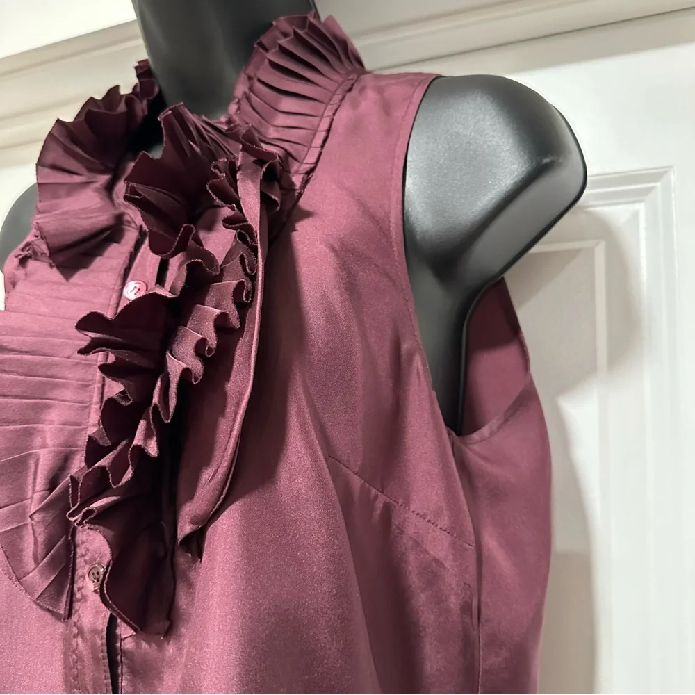 J.Crew Silk Sleeveless Ruffle Pleat Front Blouse Burgundy Wine Size 2